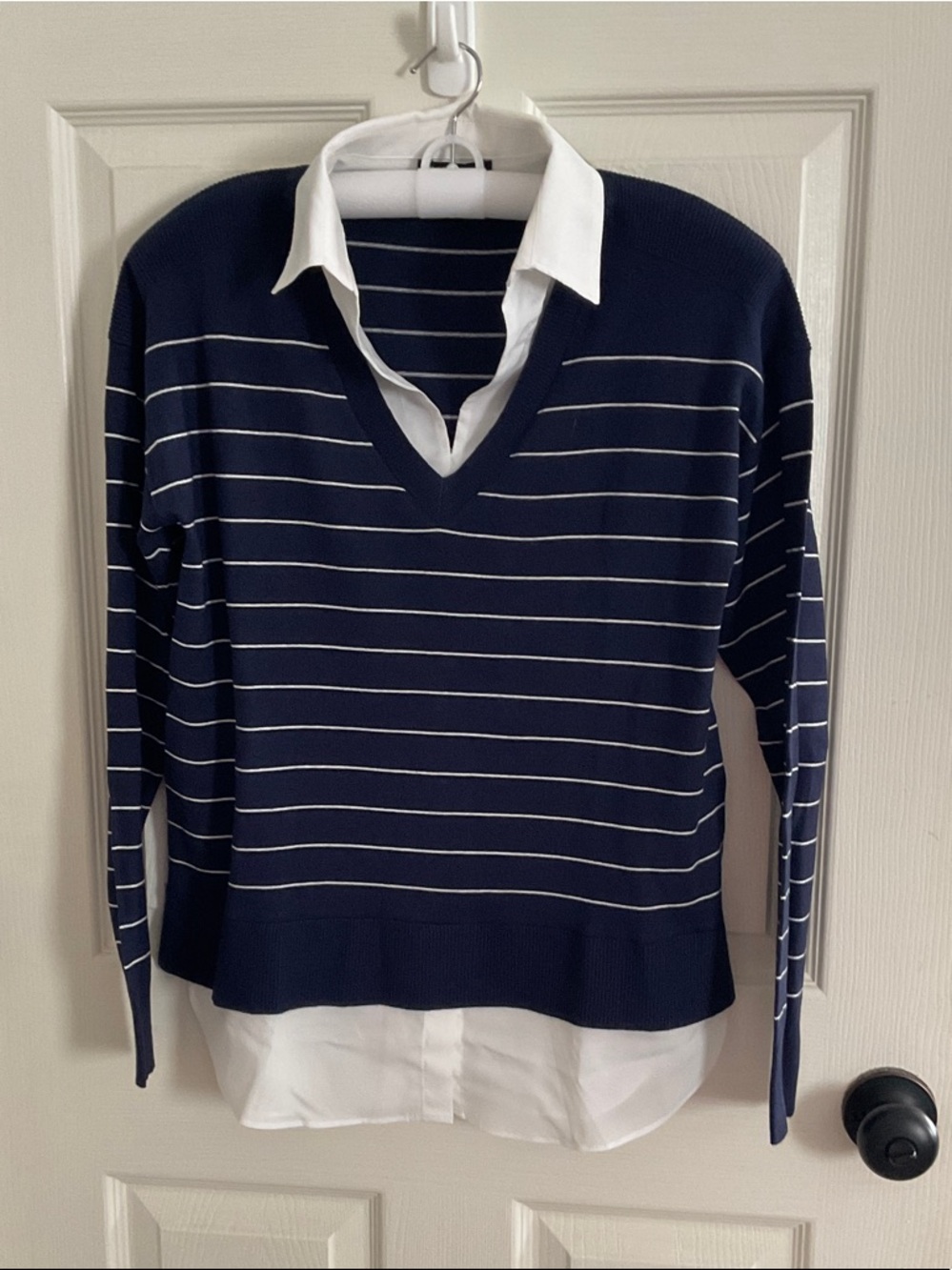 Striped Navy V-Neck Sweater with White Shirt-Layer Detail